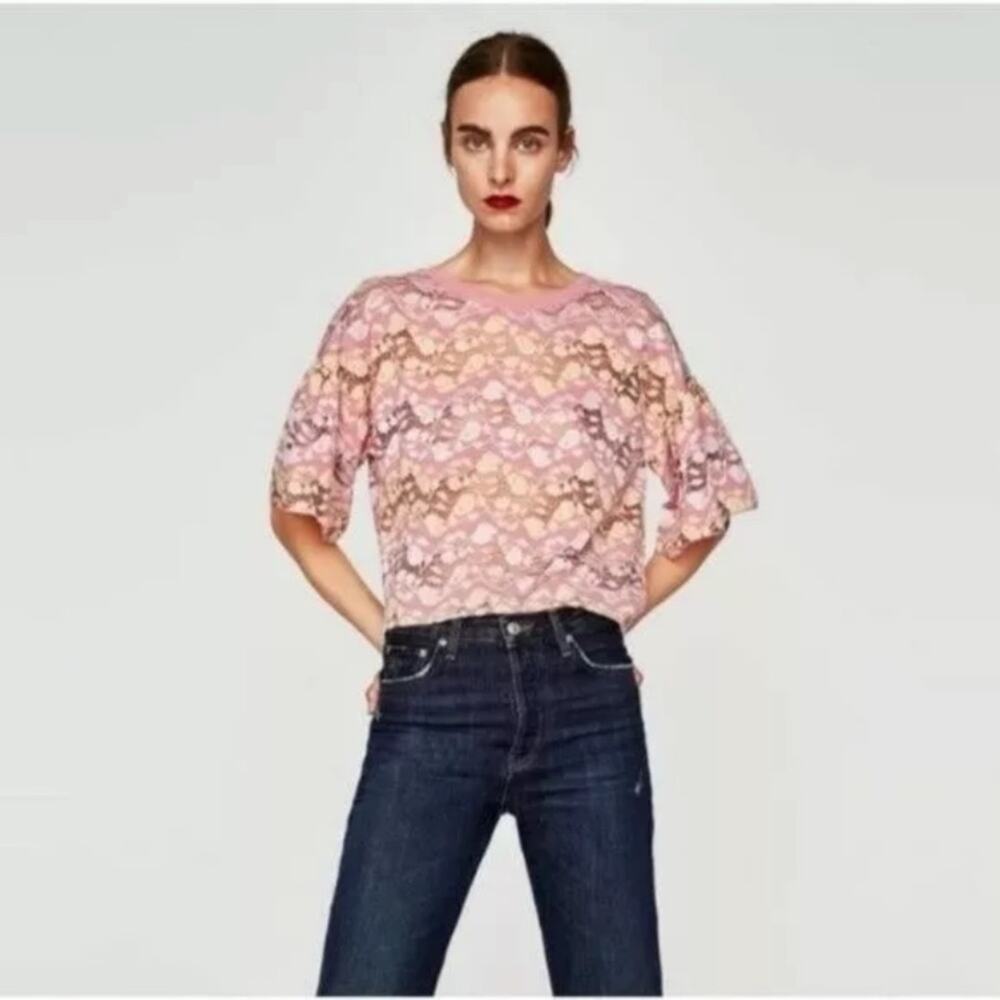 Zara Basic Pink Yellow Lace Crop Top  Small Bloggers Fav NWT